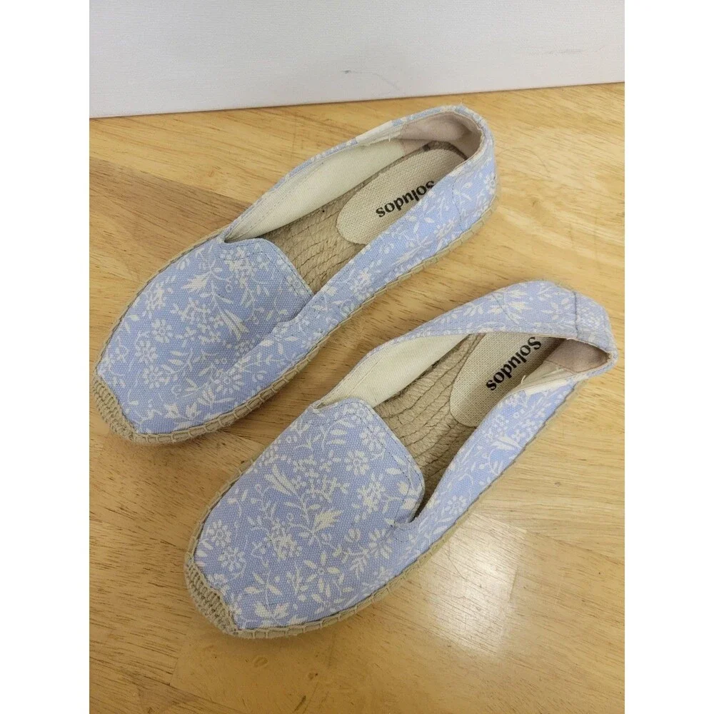Soludos Blue White Floral Canvas Espadrille Flats Slip-On Women's US 7 EU 37.5